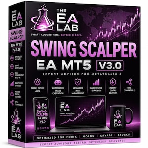 Puede incluir: Una caja negra para el software The EA Lab Swing Scalper EA MT5 V3.0. El diseño presenta acentos morados, un logotipo de vaso de precipitados brillante, un gráfico bursátil y texto que detalla funciones como lógica de entrada inteligente.