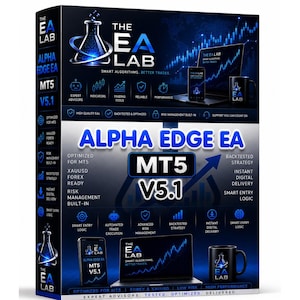 Peut inclure: Une boîte de produit rectangulaire pour le logiciel The EA Lab Alpha Edge EA MT5 V5.1. Le design bleu foncé et noir présente un logo de fiole de laboratoire, un ordinateur portable, un smartphone et une tasse, affichant la marque et des graphiques.