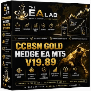 Könnte beinhalten: Eine schwarze Box für die Software CCBSN GOLD HEDGE EA MT5 V19.89. Das Design zeigt goldenen Text, eine geometrische Stier-Illustration und Symbole für Expertenberater, Indikatoren und Handelswerkzeuge. Das EA LAB Logo ist deutlich sichtbar.