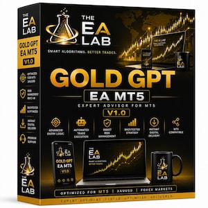 Può includere: Una scatola di prodotto nera e oro per il software Gold GPT EA MT5. La scatola presenta il testo The EA Lab, Gold GPT e EA MT5 V1.0, insieme a icone per l'esecuzione delle operazioni, la gestione del rischio e la strategia testata con laptop.