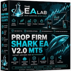 Puede incluir: Una caja rectangular negra para el software The EA Lab Prop Firm Shark EA V2.0 MT5. El diseño presenta un tiburón azul brillante, una computadora portátil, un teléfono inteligente y una taza, todos con el logo. El texto incluye Smart Algorithms.