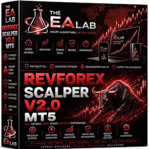 May include: A black rectangular product box for The EA Lab Revforex Scalper V2.0 MT5 software. The design features red glowing graphics of a bull, a laboratory flask, and trading charts. Text includes "Smart Algorithms. Better Trades" and "Fast Entries."
