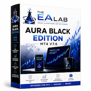 Op de afbeelding: Een witte productdoos voor de software The EA Lab Aura Black Edition MT4 V7.6. De doos bevat blauwe en zwarte afbeeldingen, waaronder een laptop, smartphone en mok met het logo, evenals financiële grafieken en tekstpictogrammen.