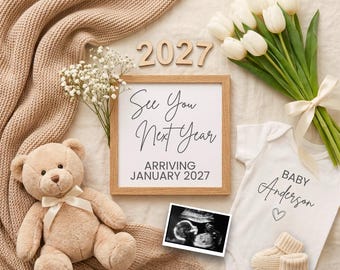 Nieuwjaar 2027 zwangerschap aankondiging digitaal, bewerkbare canvassjabloon, tot volgend jaar baby onthullen neutrale teddybeer sociale media baby