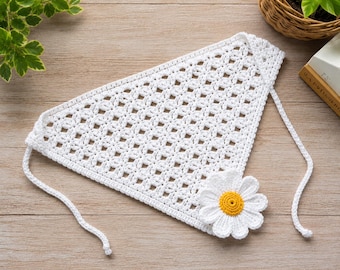Crochet Bandana Pattern, Daisy Lace Flower Bandana, Granny Square Headscarf, Girl Summer accessory, Bandana Easy Crochet, Digital Download