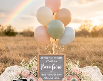 Boho regenboog baby zwangerschapsaankondiging digitaal, bewerkbaar minimalistisch regenboog baby reveal template Canva, aankondiging voor sociale media
