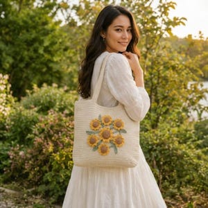 May include: A cream-colored crocheted tote bag featuring a central cluster of seven yellow and brown sunflowers with light green crocheted leaves. The bag has two shoulder straps and a textured, woven appearance throughout the main body.
