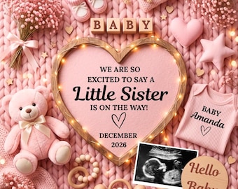 Bewerkbare digitale zwangerschapsaankondiging voor een meisje, baby-aankondiging, genderonthulling meisje, onthulling via sociale media, het is een meisje, zusje, canvassjabloon