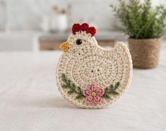 Chicken Coaster Crochet Pattern PDF, Farmhouse Chicken Cup Coaster, Farmhouse Kitchen Decor, Cute Hen Coaster, Instant Download, English PDF