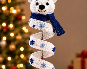 Winter Polar Bear Crochet Spiral Wind Spinner PDF Pattern, Spirals Ribbon Ornament PDF, Christmas Holiday Decor, Instant Download