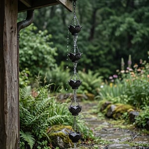 May include: A dark metal rain chain featuring a series of interconnected lotus-shaped cups suspended from a roof gutter. Water flows down through the centre of each cup, cascading into a weathered, moss-covered ceramic basin positioned below.
