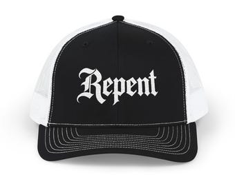 Repent Snapback Cap | Gothic Script Trucker Hat, Black & White