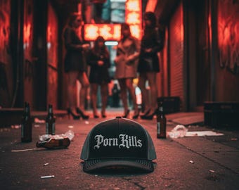 Porn Kills Snapback Cap | Trucker Mesh Hat, Gothic Text