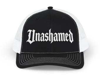 Unashamed Snapback Cap | Gothic Script Trucker Hat