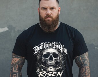 Comfort Colors クリスチャンTシャツ、死は彼を拘束できなかった、彼は復活したシャツ、スカルフェイスシャツ、イエスシャツ、聖書の一節シャツ