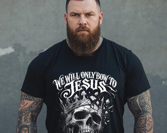 私たちはイエスにのみひれ伏す スカルクラウンTシャツ | クリスチャンゴシック信仰Tシャツ