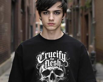 T-shirt met grafische print 'Crucify the Flesh Skull' | Zwart T-shirt, gotisch metaldesign