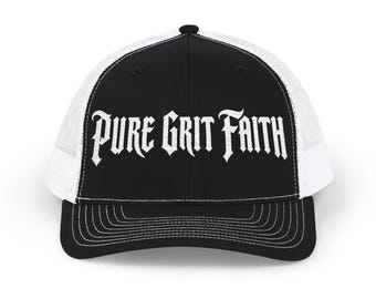 Pure Grit Faith Snapback Cap | Trucker Mesh Hat, Gothic Script