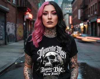メメント・モリ スカル クリスチャン タイポグラフィ Tシャツ | あなたは死ぬことを忘れずに、イエスに従いなさい
