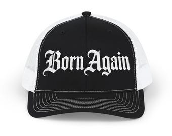 Born Again Snapback Cap | Trucker Mesh Hat, Gothic Script