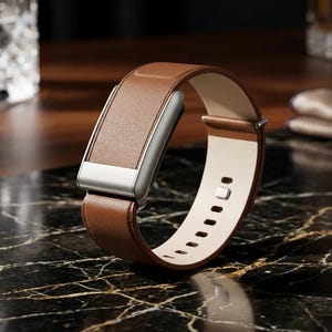 May include: A smart fitness tracker featuring a smooth tan leather strap with a light beige interior lining and a silver metallic rectangular casing. The device includes a series of rectangular adjustment holes along the band for a secure fit.