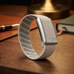May include: A fitness tracker with a silver metallic casing and a beige, textured fabric band. The band features a series of grey, rectangular silicone grip strips on the interior. The silver casing displays a small, centered letter W logo.