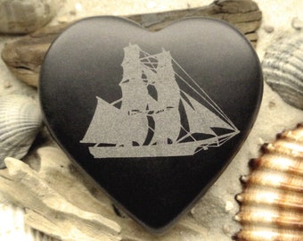 Heart Sailing Ship Brigg with English Text Fair winds & following seas - permanent engraving in basalt stone