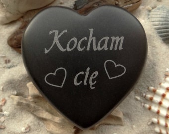 Heart Kocham ci' Polish I love you with desired engraving on the back - engraving in matt black basalt stone