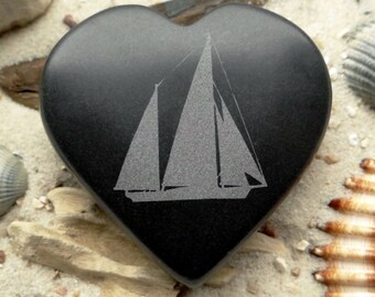 Heart Sailboat Ketsch English Engraving Fair winds & following seas - Basalt Lucky Charm - Talisman for Sailors