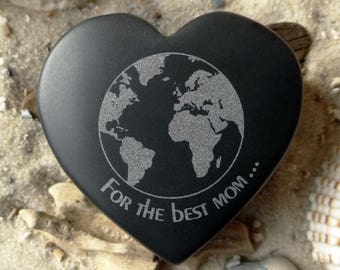 Globe du cœur - For the best mom in the whole world - Gravure anglaise en pierre basalt lisse