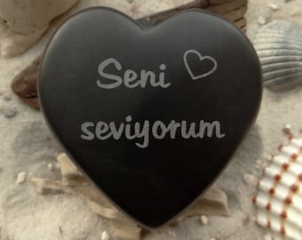 Herz Seni seviyorum türkisch Ich liebe Dich Basalt Gravur + Name + Datum auf der Rückseite möglich