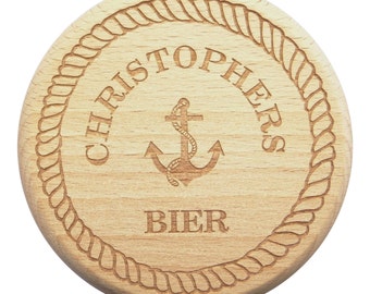 Bierglasdeckel Anker maritim Gravur Wunschname Buche - Trinkglasdeckel als Insektenschutz -  feine Holzgravur