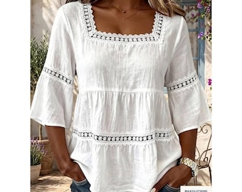 Women Lace Trim Peplum Blouse Boho Square Neck Bell Sleeve Cotton Summer Casual Top