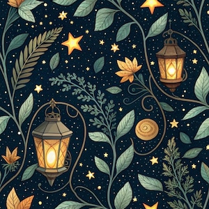May include: A dark navy blue pattern featuring glowing yellow lanterns, bright yellow stars, and light green botanical foliage. The design includes intricate leafy branches and small golden circular elements scattered across a starry night sky background.