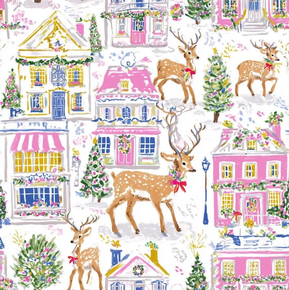 Christmas Village Fabric Festive Deer Fabric Holiday House Fabric Winter Fabric Town Xmas Tree Fabric 100% Cotton Fabric By The Half Yard