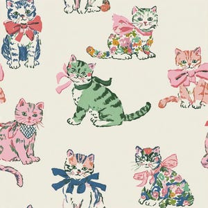 Tela con lindos gatos vintage, tela con lazo caprichoso de gatito, tela con animales coquetos, tela con gato atigrado con lazo, tela 100% algodón por medio metro.