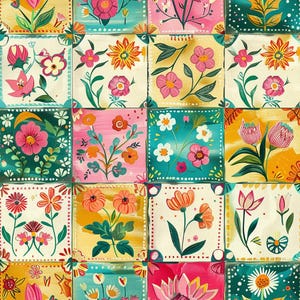 May include: A grid pattern featuring square tiles, each decorated with hand-painted floral illustrations. The design showcases a variety of flowers in vibrant shades of pink, orange, yellow, and white, set against backgrounds of teal, cream, and gold.