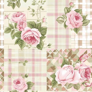 Vintage Square Patch Fabric Rose Fabric Patchwork Fabric Pink Rose Gingham Triangle Fabric 100% Cotton Fabric By The Half Yard
