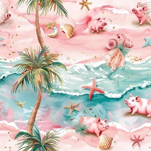 Pode incluir: Um padrão repetitivo com ilustrações em aguarela de porcos cor-de-rosa, palmeiras, várias conchas e estrelas-do-mar sobre um fundo de praia com ondas turquesa, areia rosa e detalhes de purpurinas douradas espalhadas.