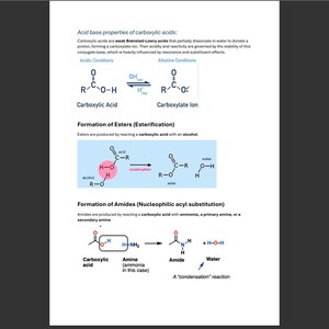Puede incluir: Un documento educativo blanco que detalla reacciones químicas, incluyendo las propiedades ácido-base de los ácidos carboxílicos, la formación de ésteres mediante esterificación y la formación de amidas mediante sustitución nucleofílica de acilo.