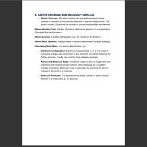 Puede incluir: Un documento blanco titulado 1. Atomic Structure and Molecular Formulae. El texto define en tinta negra la estructura atómica, el número atómico, el símbolo atómico, la masa atómica, el cálculo de la masa molar, la configuración electrónica y las fórmulas moleculares.