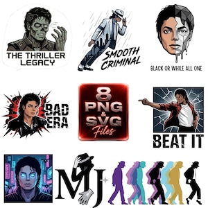 Puede incluir: Una colección de diseños gráficos digitales con varias ilustraciones de un artista en poses y atuendos icónicos, incluyendo etiquetas de texto como The Thriller Legacy, Smooth Criminal, Black or While All One, Bad Era, Beat It y MJ.