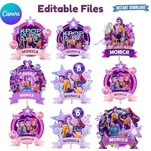 Könnte beinhalten: Ein Set aus neun digitalen Tortenauflegern mit K-Pop-Illustrationen in violetten und rosa Farbtönen. Jedes Design enthält den Namen MONICA, die Zahl 6, Discokugeln, Musiknoten und stilisierte Figuren in farbenfrohen Outfits auf weißem Grund.