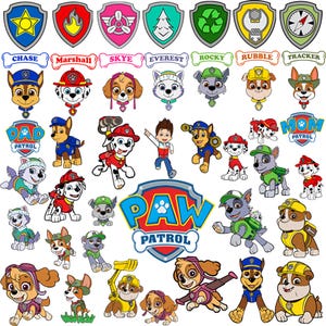 May include: A collection of Paw Patrol character stickers featuring Chase, Marshall, Skye, Everest, Rocky, Rubble, and Tracker. The set includes individual character portraits, full-body action poses, colorful shield-shaped emblems, and the Paw Patrol logo.