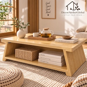 May include: A low rectangular light wood coffee table with a lower storage shelf. The top surface holds a white vase with greenery, a wooden tray with a glass teapot and cup, and a book. The lower shelf contains a woven basket and three books.