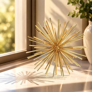 Gold Starburst Ball Decor, Metal Sputnik Sculpture, Mid Century Modern Tabletop Decor, Decorative Sphere for Shelf Living Room Office