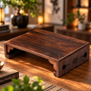 May include: A rectangular dark brown wooden display stand with a smooth, polished top surface and carved side panels featuring decorative cutouts. The stand has a low-profile design with sturdy legs and a visible wood grain pattern throughout.