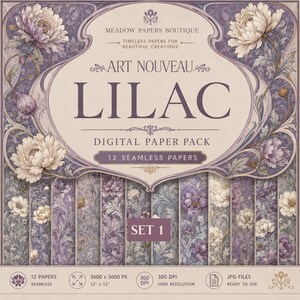 Könnte beinhalten: Ein digitales Papierpaket mit dem Titel Art Nouveau Lilac, das 12 nahtlose Papiere mit Blumenmustern in Lila-, Lavendel- und Cremetönen enthält. Das Bild zeigt Text, einschließlich Meadow Papers Boutique und 12 seamless papers.