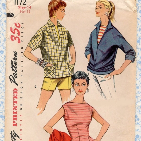 Simplicity 1172 EASY Ladies Fitted TOP Woman Sewing Pattern, Vintage 50s Pullover SHIRT, Bateau Neckline, Kimono Sleeve, Misses Bust 32  pxy