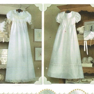 May include: Simplicity pattern number 3710 for heirloom christening gowns. The pattern includes two different styles of gowns, both with lace trim. The pattern is for sizes XS, S, M, and L.